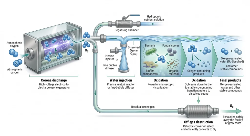 Hydroponic Reservoir Sterilization: Ozone vs UV-C Clarifiers 6 Diagram showing ozone generation, injection, oxidation, and oxygen conversion in hydroponic water