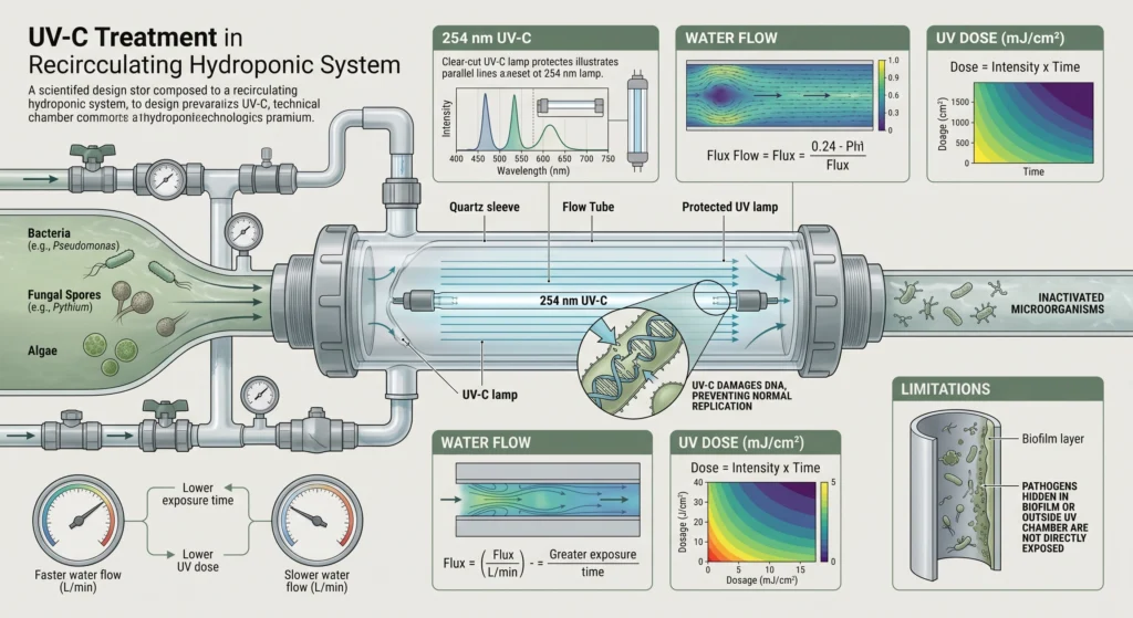 Hydroponic Reservoir Sterilization: Ozone vs UV-C Clarifiers 5 Diagram showing hydroponic nutrient solution passing through a 254 nm UV-C sterilizer