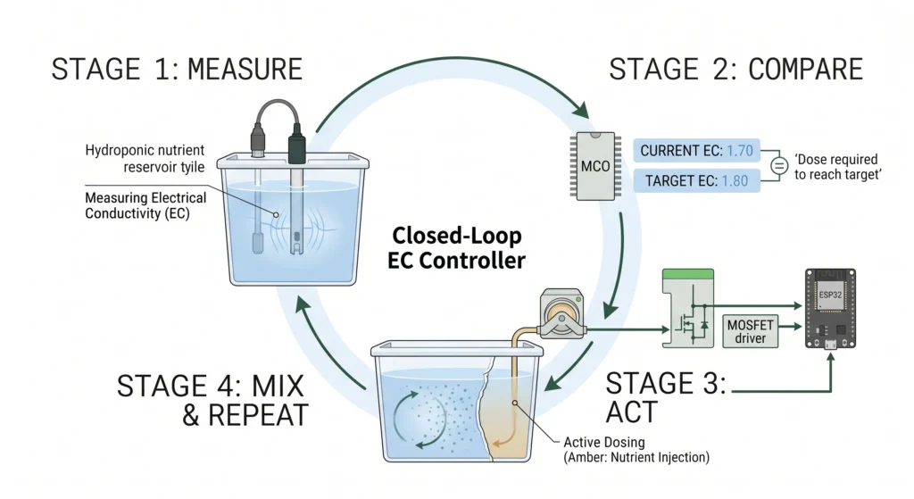 Four-step infographic showing an EC controller measuring conductivity, comparing the reading to a target, activating a dosing pump, and repeating after the nutrient solution mixes.