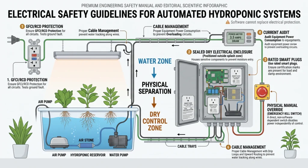 Safety infographic showing GFCI protection, dry electrical enclosures, correctly rated smart plugs, separated power connections, current auditing, and manual emergency overrides for hydroponics.