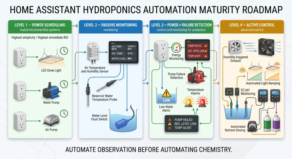 Hydroponic automation roadmap ranking smart plugs, environmental sensors, reservoir monitoring, power monitoring, and active dosing from basic to advanced automation.