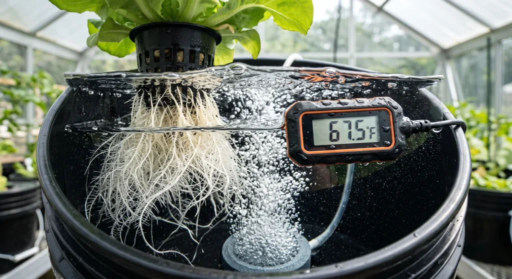 Digital waterproof thermometer showing 67.5°F inside a bubbling Deep Water Culture reservoir with healthy white roots and an air stone.