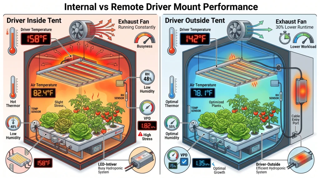 LED Grow Light Driver Heat & Thermal Management: A Hands-On Review 6 Comparison infographic showing temperature, humidity, VPD, and canopy differences between internal and remote LED driver mounting.