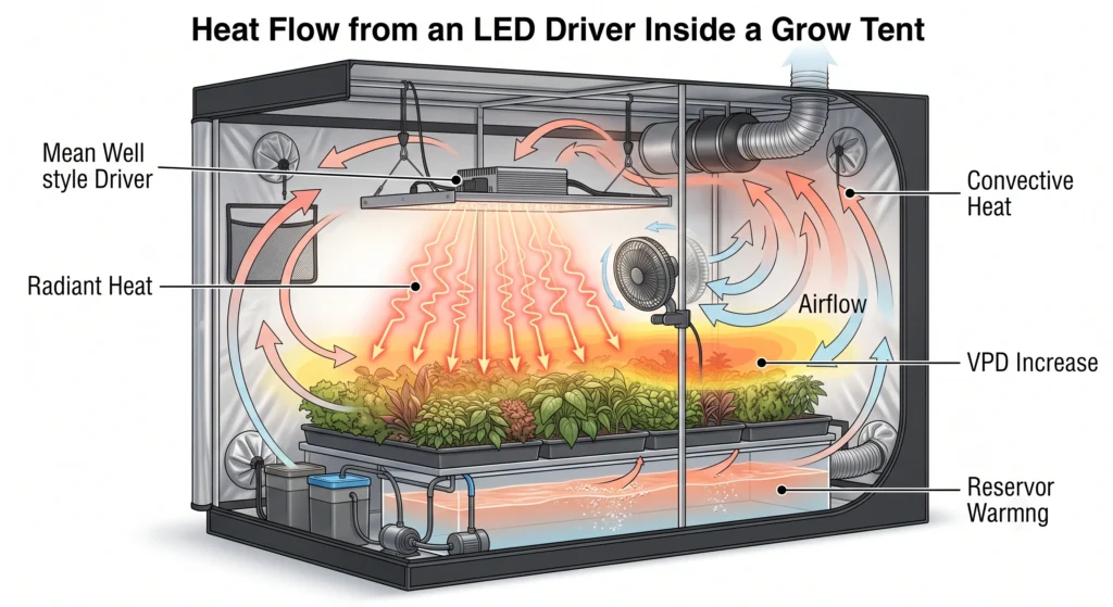 LED Grow Light Driver Heat & Thermal Management: A Hands-On Review 2 Cross-sectional diagram illustrating how heat from an LED grow light driver raises canopy temperature, lowers humidity, and increases vapor pressure deficit inside a grow tent.