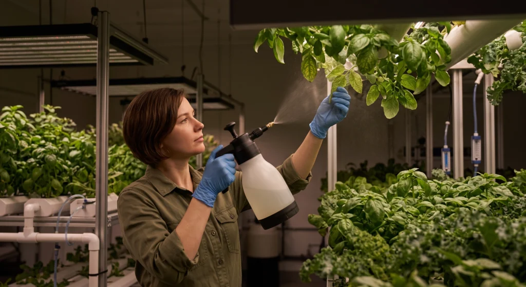 Spider Mites in Hydroponics: Predatory Mites vs Organic Contact Sprays 6 Grower applying organic contact spray to the underside of hydroponic plant leaves for spider mite control