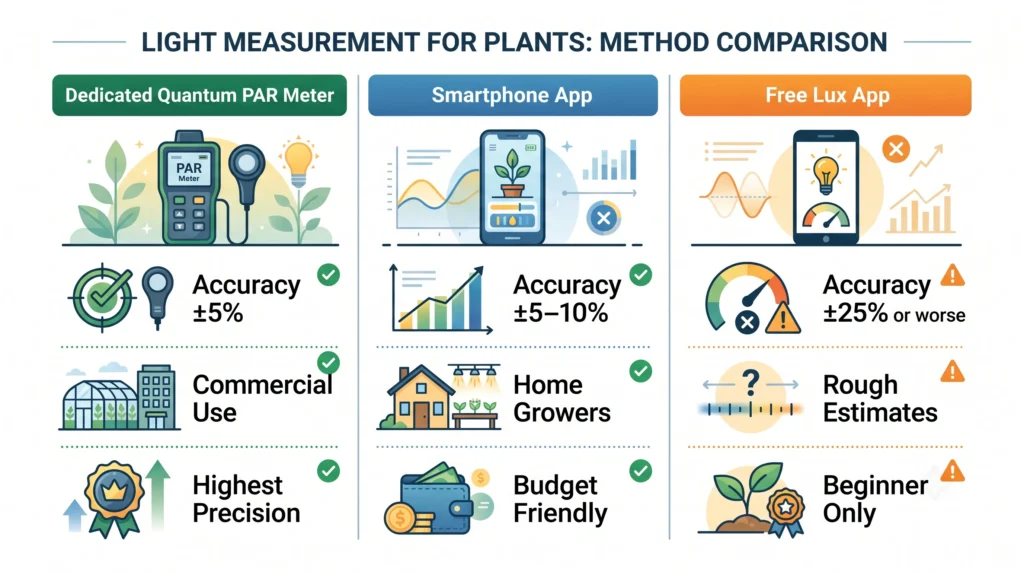 Comparison chart of dedicated PAR meters, smartphone apps, and lux meter apps for PPFD accuracy.