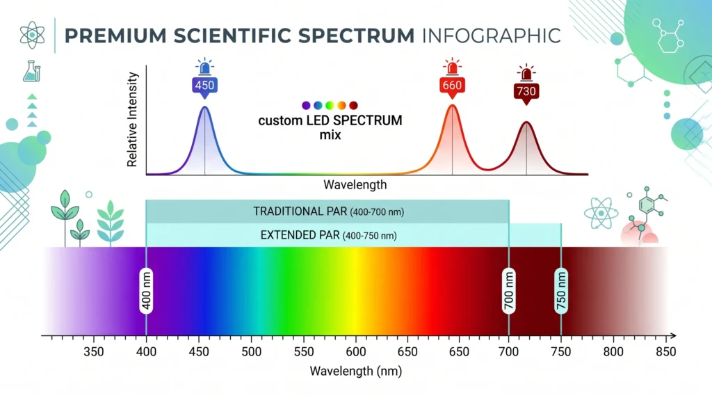 Scientific spectrum chart comparing traditional PAR (400-700 nm) with Extended PAR (400-750 nm), highlighting the importance of 730 nm far-red light in modern hydroponic lighting.