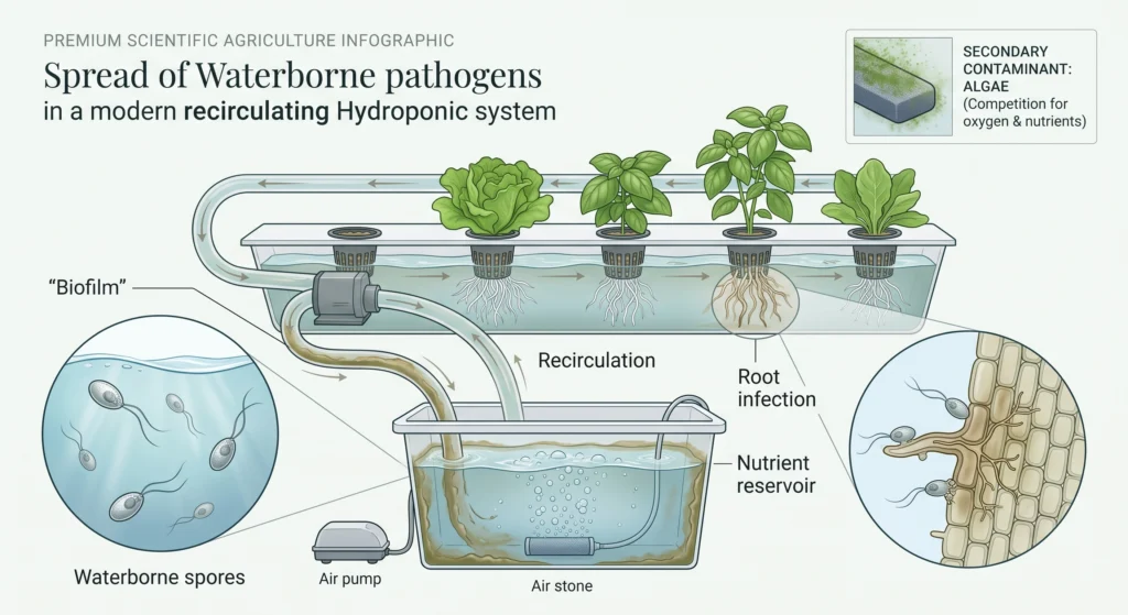Hydroponic Reservoir Sterilization: Ozone vs UV-C Clarifiers 1 Diagram showing biofilm, waterborne pathogens, zoospores, and root infection in hydroponic nutrient solution