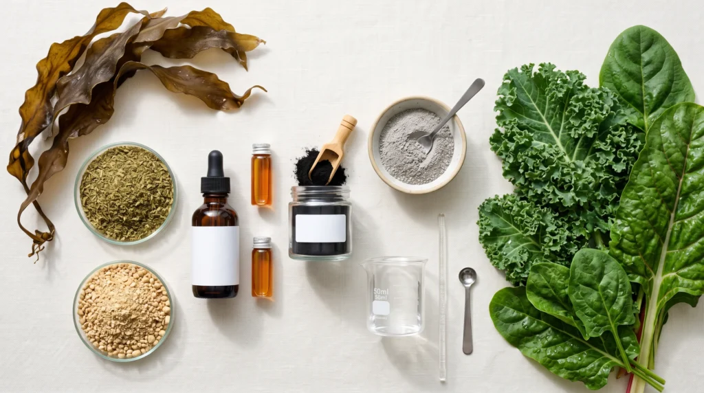 Organic Hydroponic Nutrients: Bio-Digesters & Veganics 4 Collection of plant-based hydroponic nutrient ingredients including kelp extract, alfalfa meal, soybean meal, humic acid, fulvic acid, and rock minerals used in veganic growing systems.