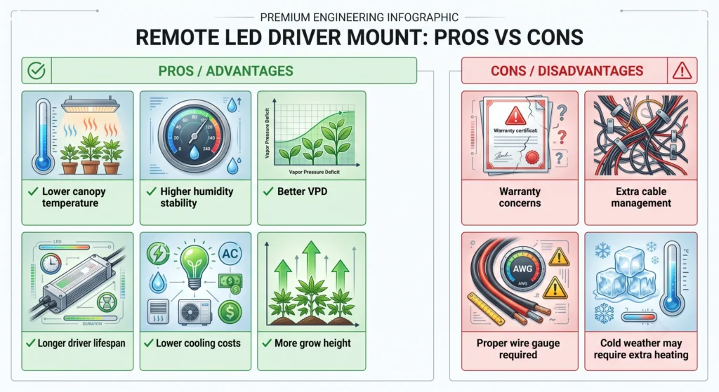 LED Grow Light Driver Heat & Thermal Management: A Hands-On Review 7 Infographic comparing the advantages and disadvantages of mounting an LED grow light driver outside a grow tent.