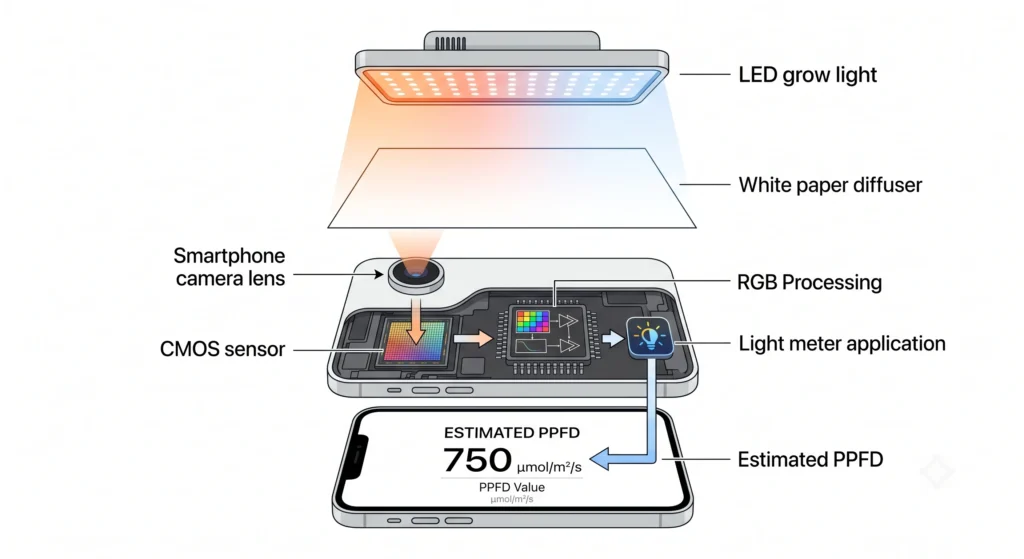 Diagram showing how a smartphone camera with a diffuser estimates PPFD from LED grow lights.