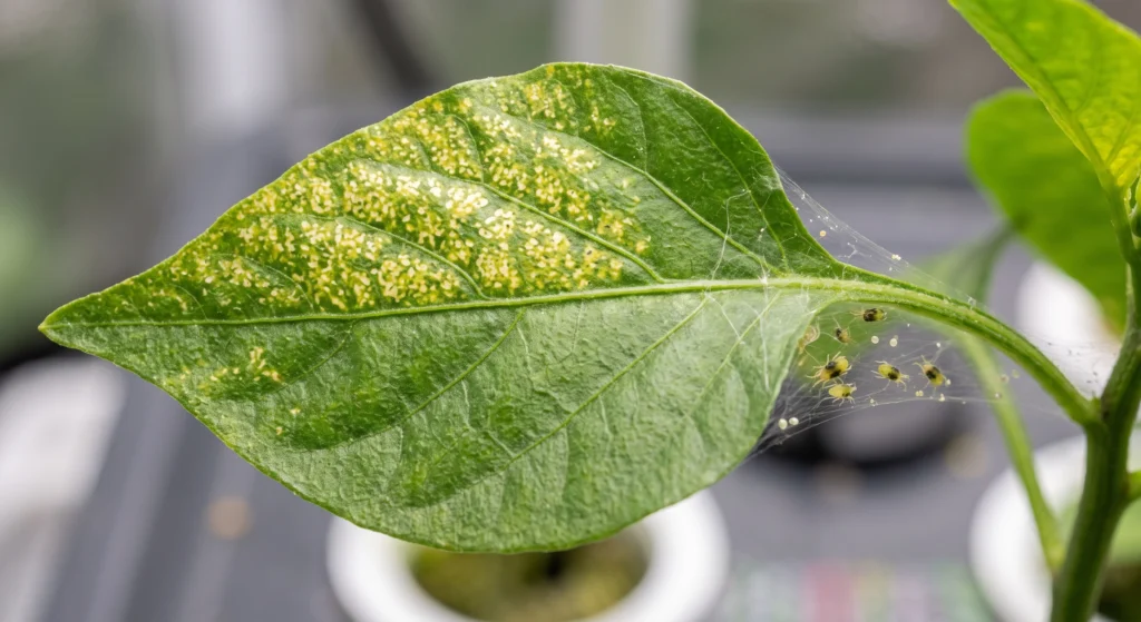 Spider Mites in Hydroponics: Predatory Mites vs Organic Contact Sprays 2 Spider mite stippling and fine webbing visible on the underside of a hydroponic plant leaf