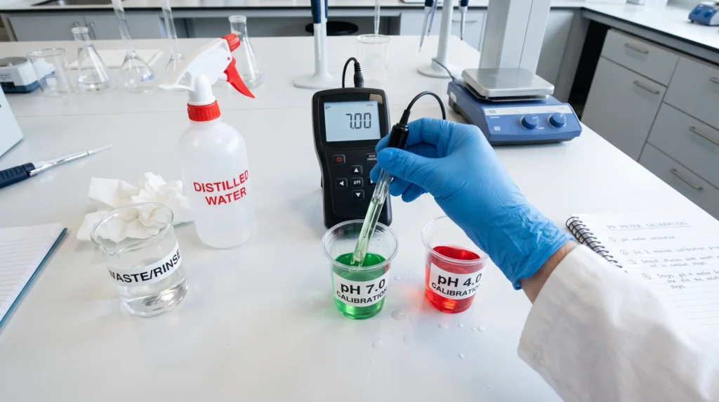 Calibrating a hydroponic pH meter using pH 4 and pH 7 buffer solutions