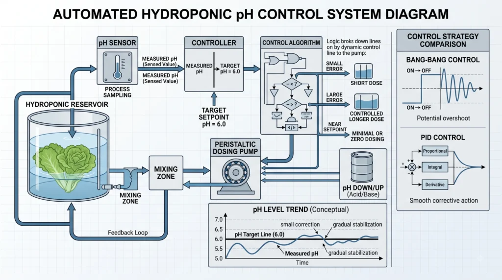 Closed-loop hydroponic pH control using sensors, controller and peristaltic dosing pump