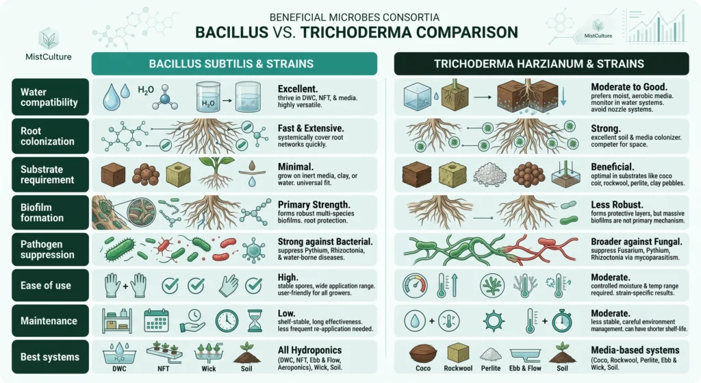 Comparison infographic showing the advantages and limitations of Bacillus and Trichoderma in hydroponic systems.