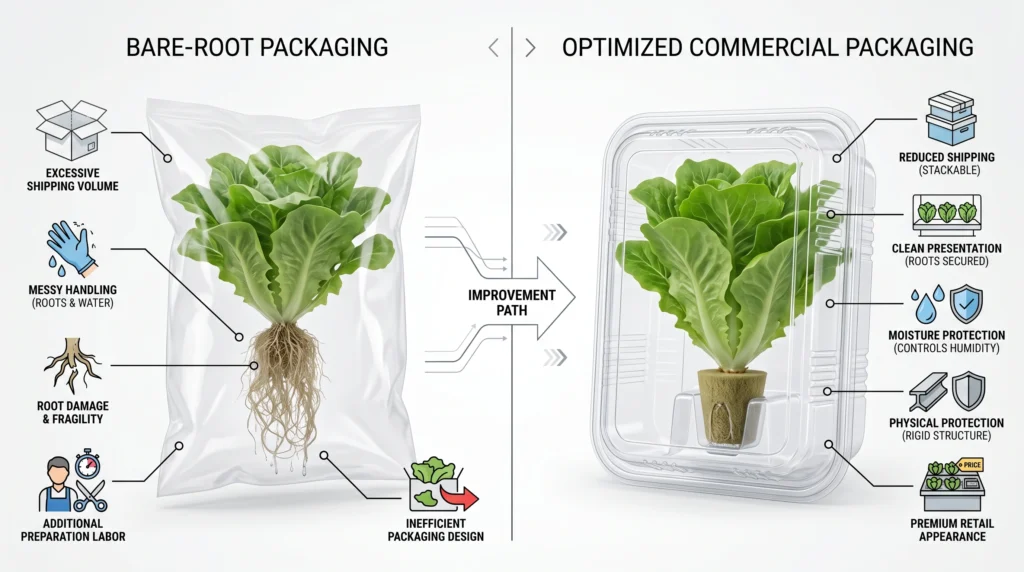 Hydroponic Produce Packaging: Sizing, Container Specs & Shelf-Life 2 Comparison infographic showing loose hydroponic roots versus a trimmed root plug secured inside a rigid clamshell package