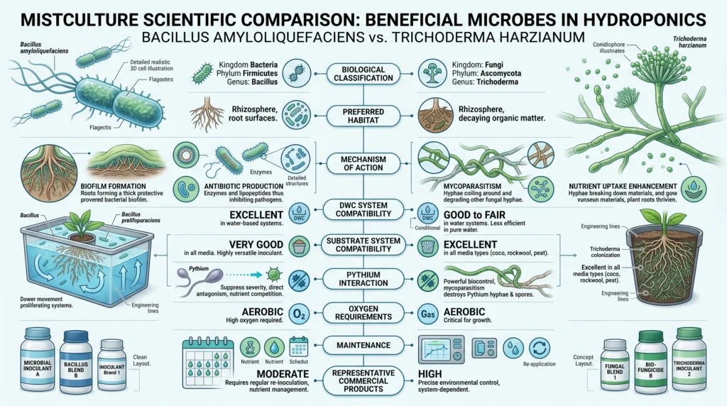 Comprehensive infographic comparing Bacillus and Trichoderma, showing biology, habitat, mechanisms of action, ideal hydroponic systems, application methods, compatibility, and common products.
