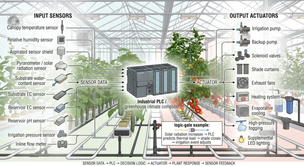 CEA greenhouse PLC automation system connecting canopy sensors irrigation and climate controls