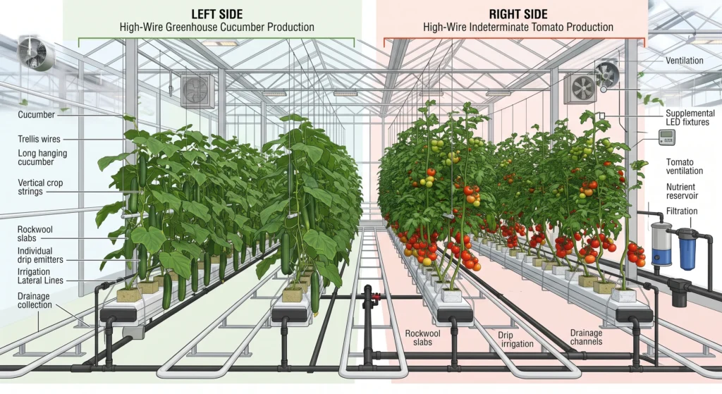 Commercial greenhouse layout showing hydroponic cucumber and tomato production zones