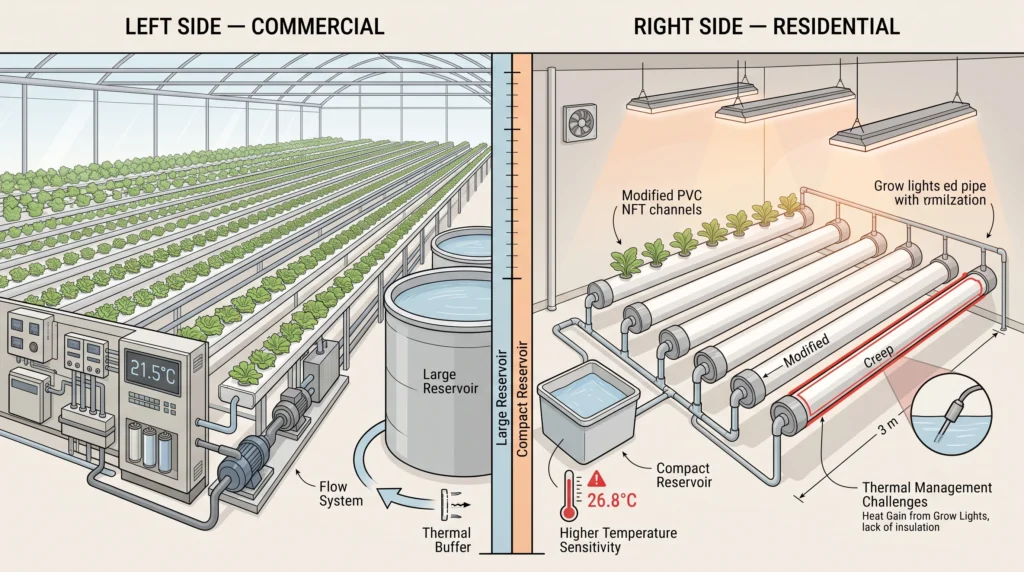 Comparison of commercial and residential PVC NFT systems showing reservoir size, channel layout, and thermal management