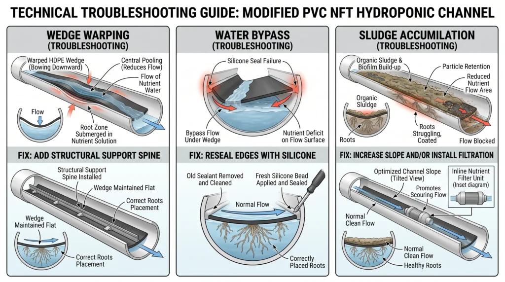 Diagram showing PVC NFT crown wedge failures including warping, water bypass, and sludge accumulation