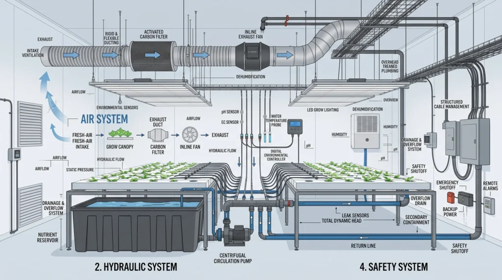 Advanced Grow Room Engineering: Ventilation & Design 16 Complete grow room engineering blueprint integrating ventilation, hydraulics, sensors and safety systems