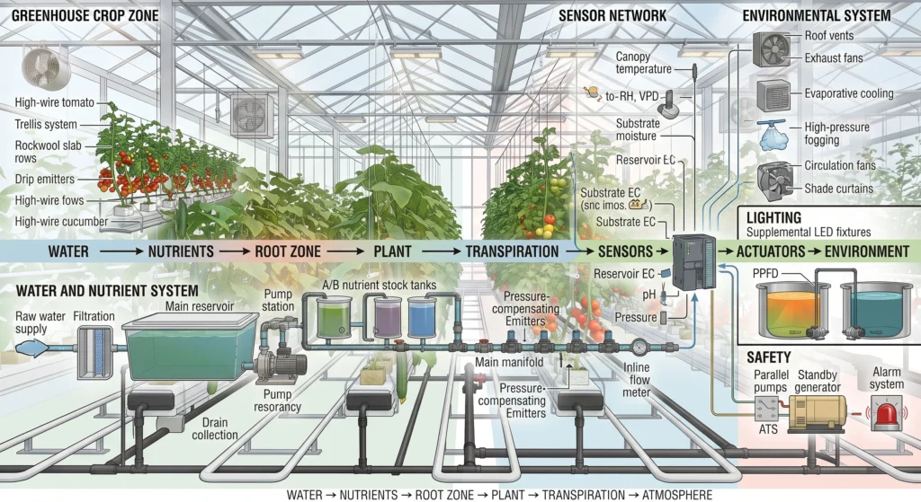 Complete hydroponic greenhouse production blueprint integrating irrigation climate lighting sensors and crop management