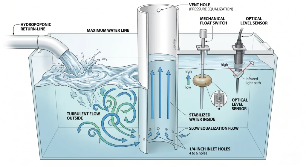 Optical Water Level Sensors vs Float Switches: 8 PVC stilling well stabilizing hydroponic sump water level sensors