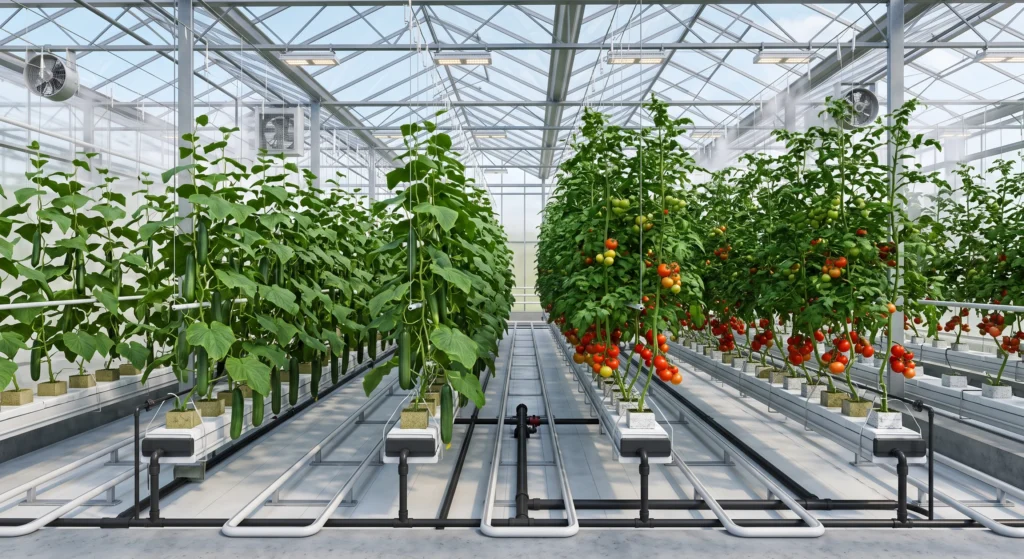 Hydroponic Greenhouse Cucumber and Tomato Production Systems