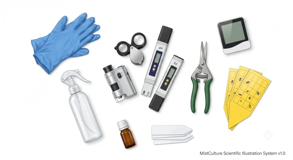 Hydroponic Clone Quarantine: The Ultimate Bio-Security Protocol 9 Flat lay of the essential tools required for hydroponic clone quarantine and biosecurity.