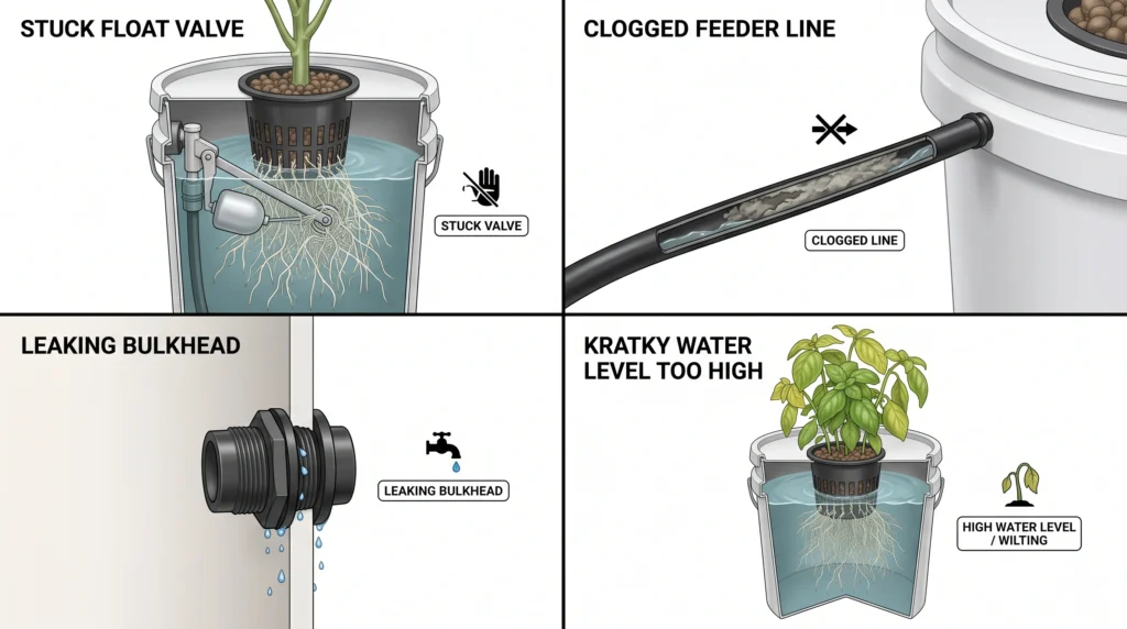 Common gravity-fed hydroponic ATO problems including clogged lines, leaking fittings, stuck float valves, and high water levels