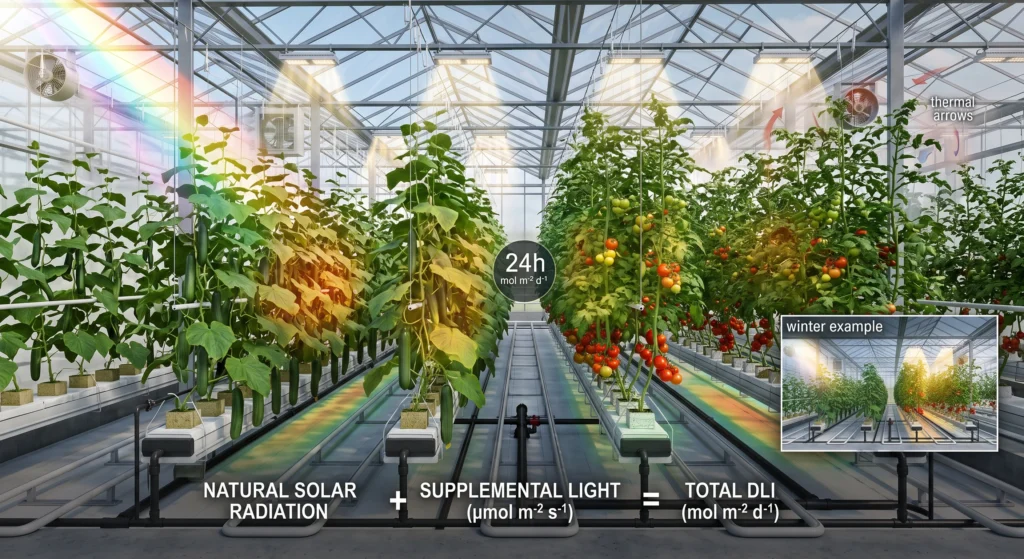 Greenhouse DLI map showing supplemental LED lighting intensity across tomato and cucumber canopies