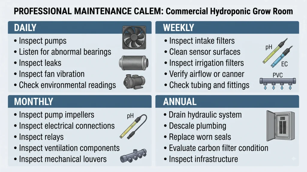 Advanced Grow Room Engineering: Ventilation & Design 12 Grow room maintenance schedule for ventilation fans, pumps, filters, sensors and plumbing