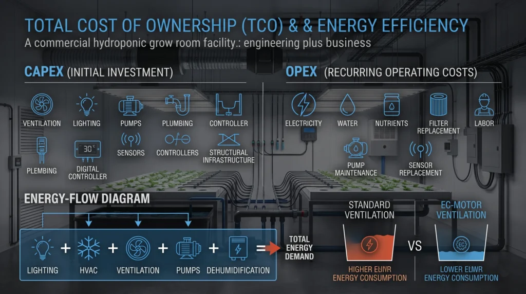 Advanced Grow Room Engineering: Ventilation & Design 15 Grow room total cost of ownership showing energy, equipment, maintenance and operating costs