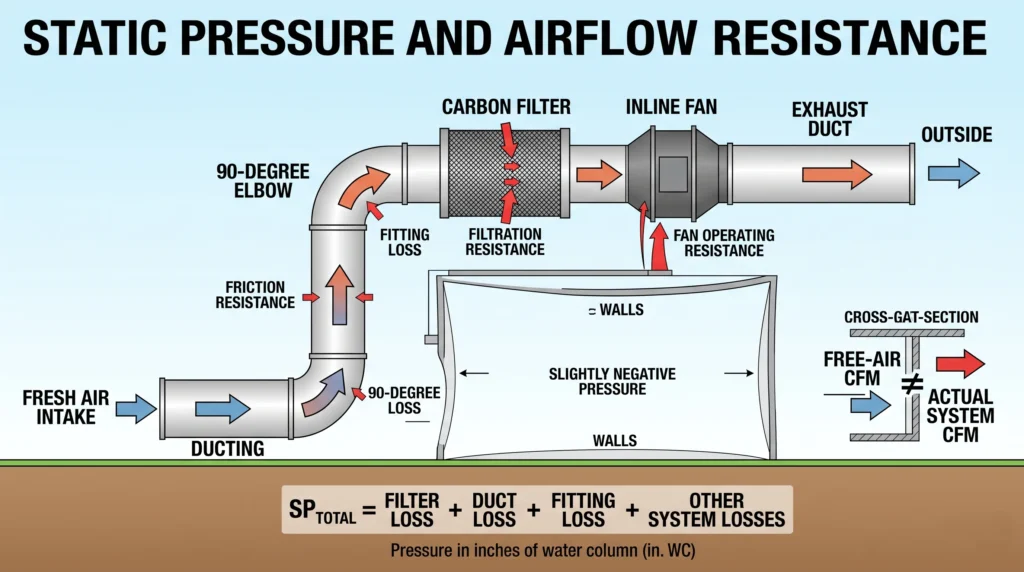 Advanced Grow Room Engineering: Ventilation & Design 1 Grow room airflow showing static pressure losses through filters, ducting, bends and inline fans
