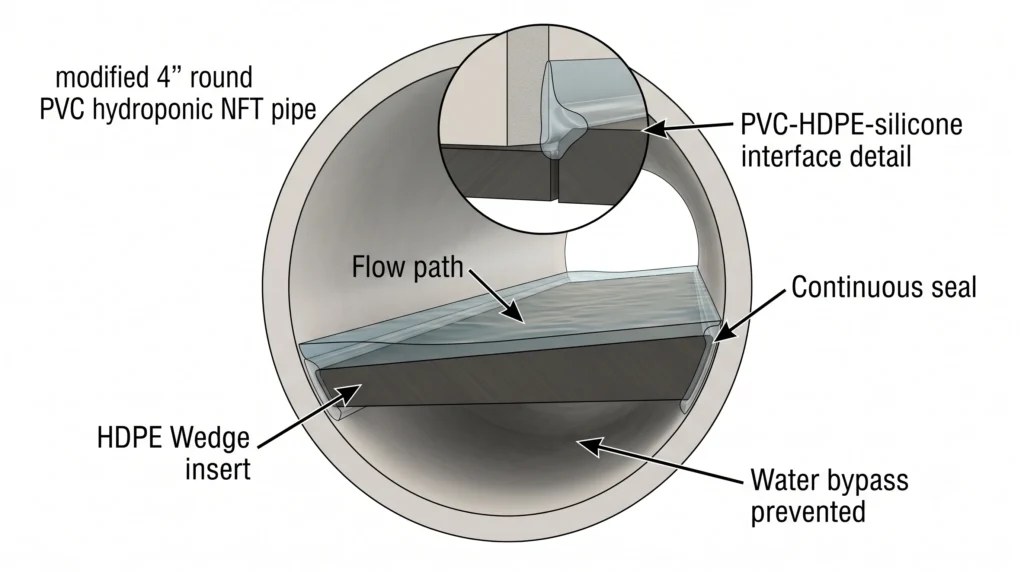 Cross-section showing aquarium-safe silicone sealing an HDPE crown wedge inside PVC