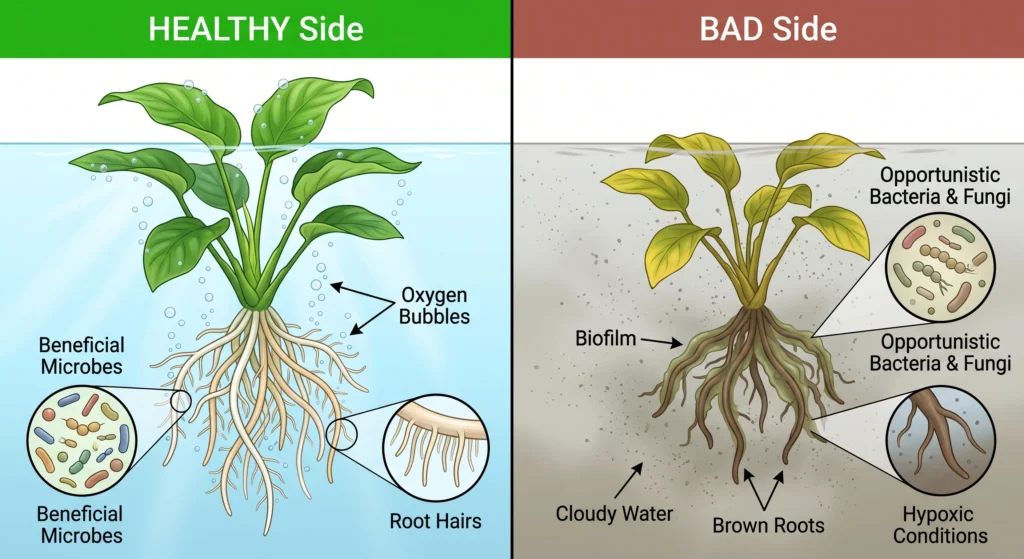 Comparison of a balanced microbial hydroponic reservoir and one suffering from bacterial bloom and low oxygen.
