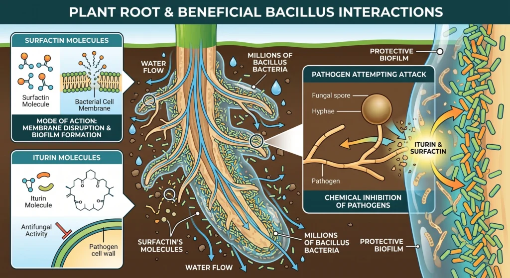 Scientific diagram illustrating Bacillus forming a protective biofilm and releasing antifungal compounds.