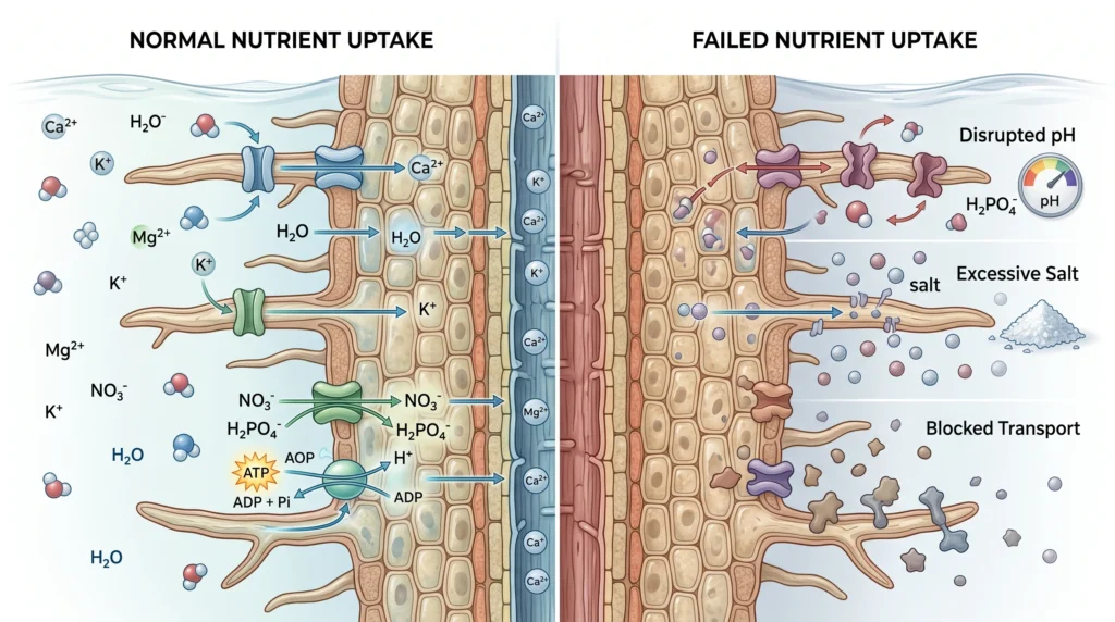 Scientific cross-section showing nutrient ions moving through hydroponic root cells by active transport and osmosis