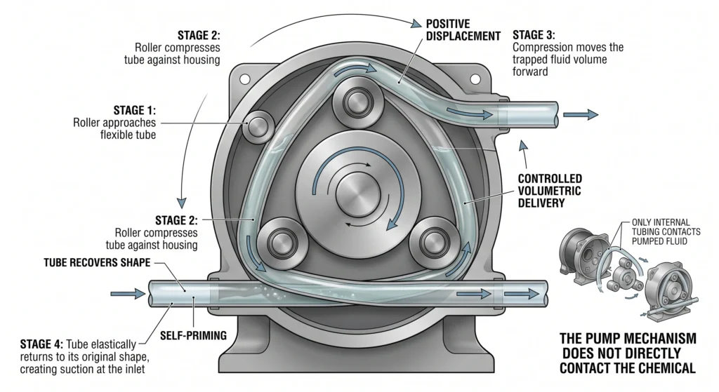 Peristaltic pump mechanism showing rollers compressing tubing to move dosing fluid
