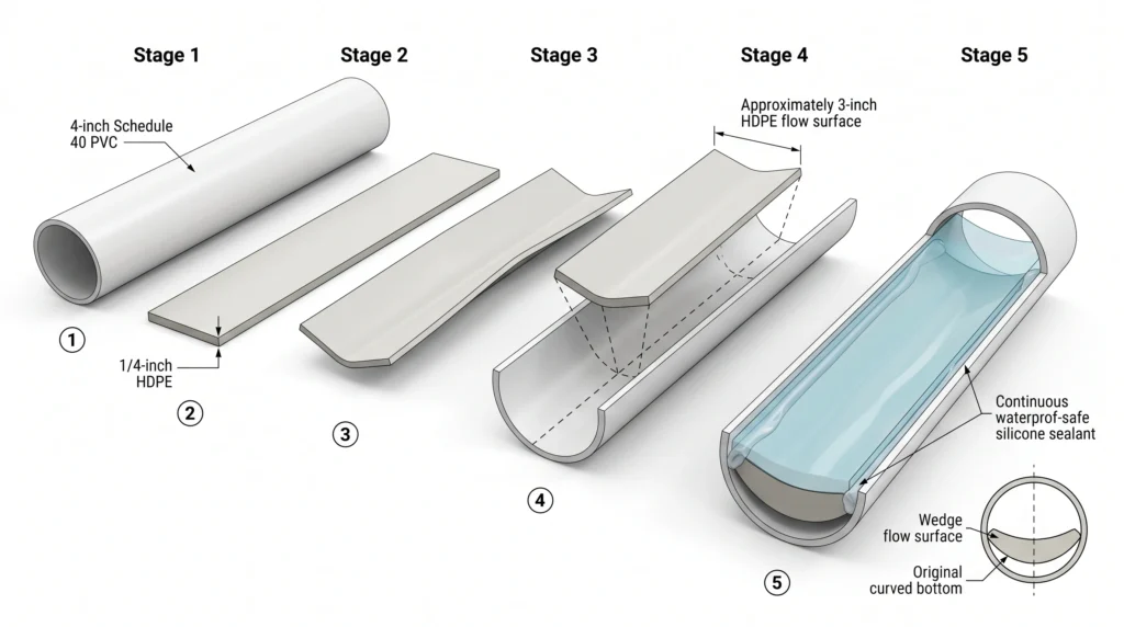 Engineering diagram showing an HDPE crown wedge installed inside a 4-inch PVC NFT channel