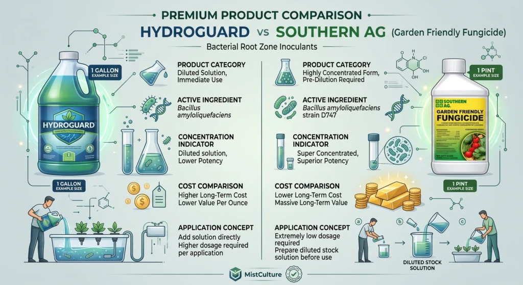 Visual comparison of Hydroguard and Southern Ag Garden Friendly Fungicide concentration and cost efficiency.