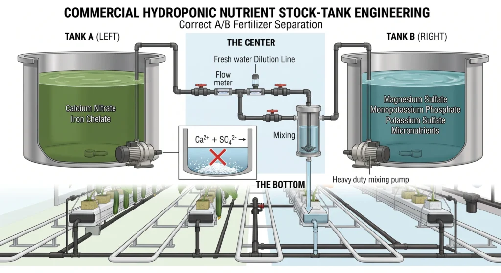 Hydroponic A and B stock tanks separating calcium nitrate from sulfate fertilizers