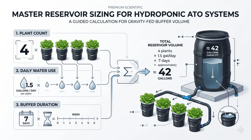 Hydroponic ATO reservoir sizing based on plant count, daily water use, and buffer days