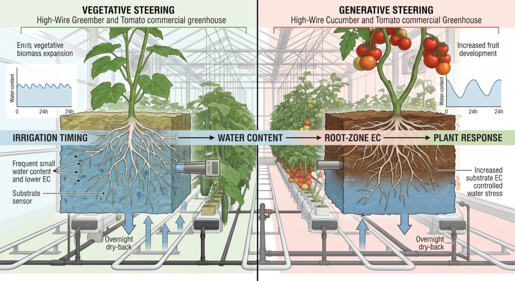Vegetative and generative crop steering using irrigation timing dry-back and substrate EC