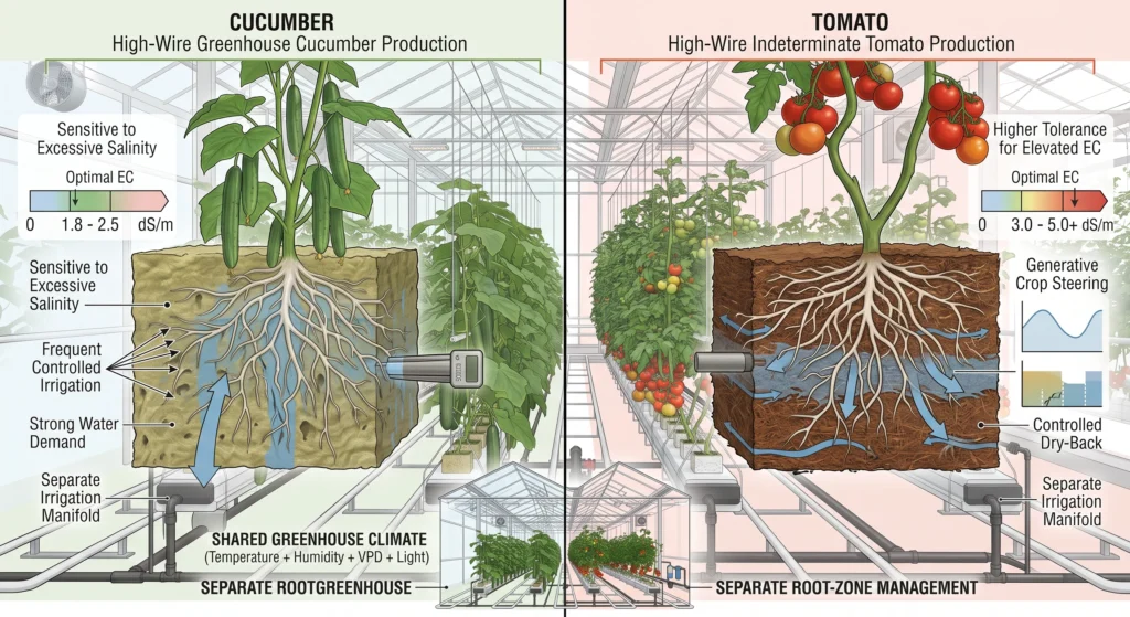 Hydroponic cucumber and tomato comparison showing different root zone EC irrigation and crop requirements