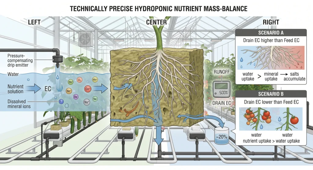Hydroponic feed and drain EC mass balance showing nutrient uptake and salt accumulation