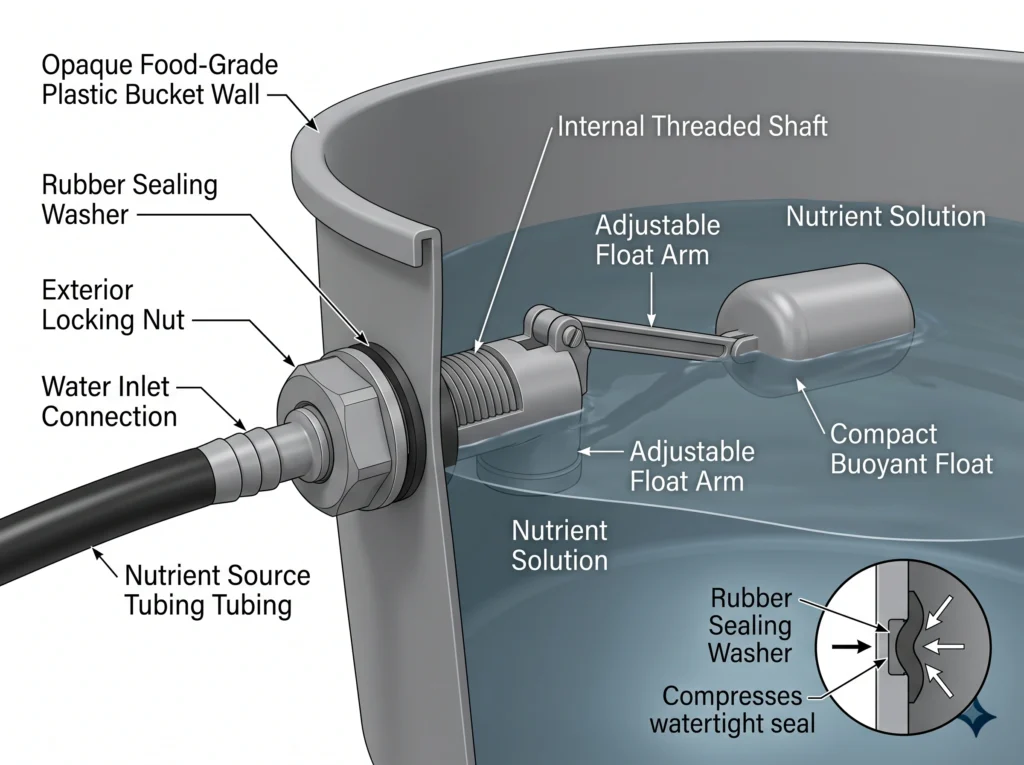 Mechanical float valve installed through the side wall of a hydroponic bucket