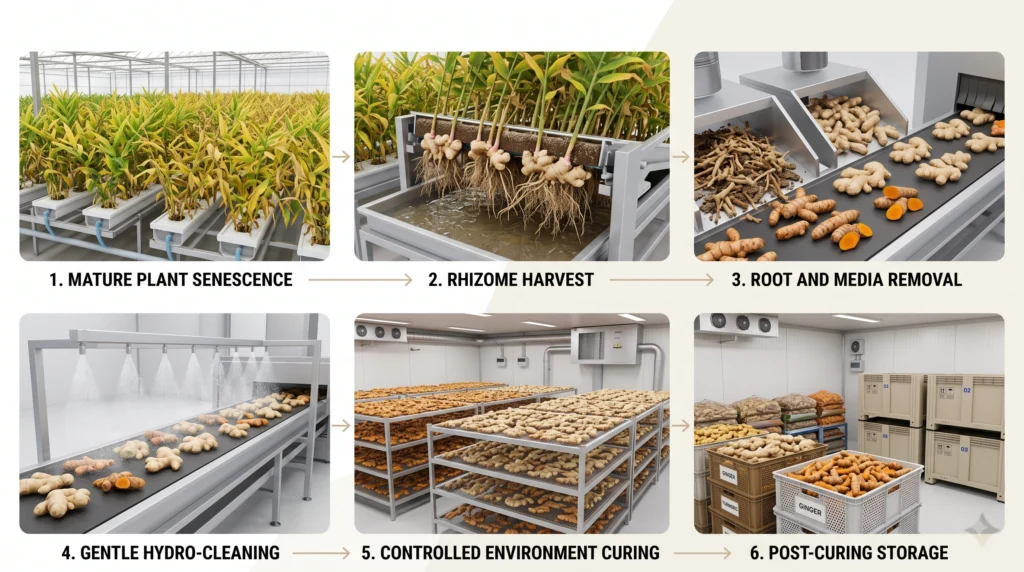 Hydroponic Ginger and Turmeric: Shallow Tray DWC Techniques 14 Hydroponic ginger and turmeric harvest and curing workflow from rhizome removal to dried storage