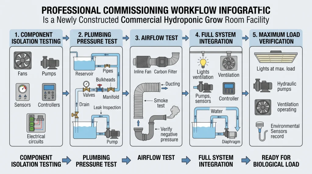 Advanced Grow Room Engineering: Ventilation & Design 11 Hydroponic grow room commissioning workflow for ventilation, pumps, plumbing and environmental controls